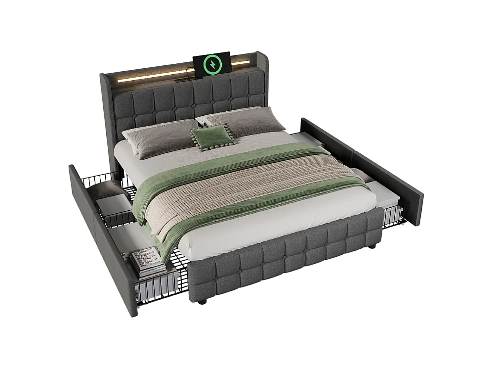 Lit Double 180x200 cm avec USB, LED et 4 Tiroirs de Rangement – Style Moderne Grand Format Gris