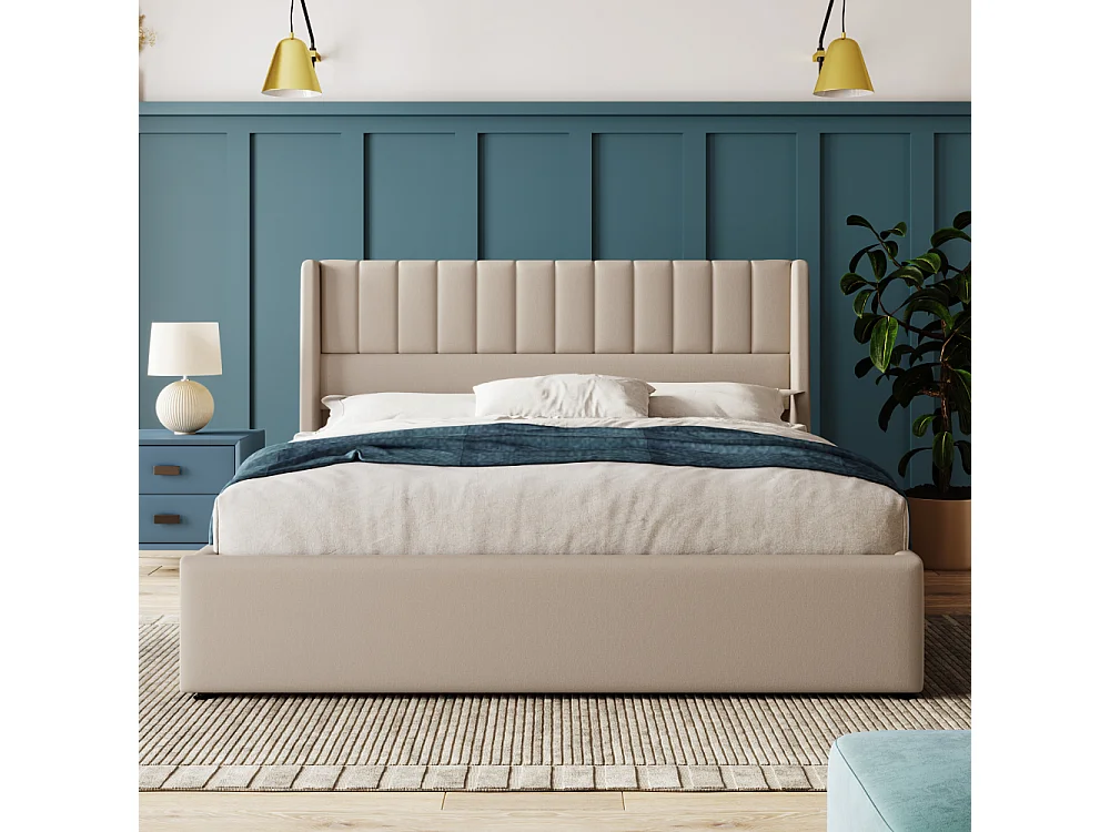 Lit coffre hydraulique double avec matelas 620 ressorts ensachés, lin, cadre en bois et métal, coffre de rangement
