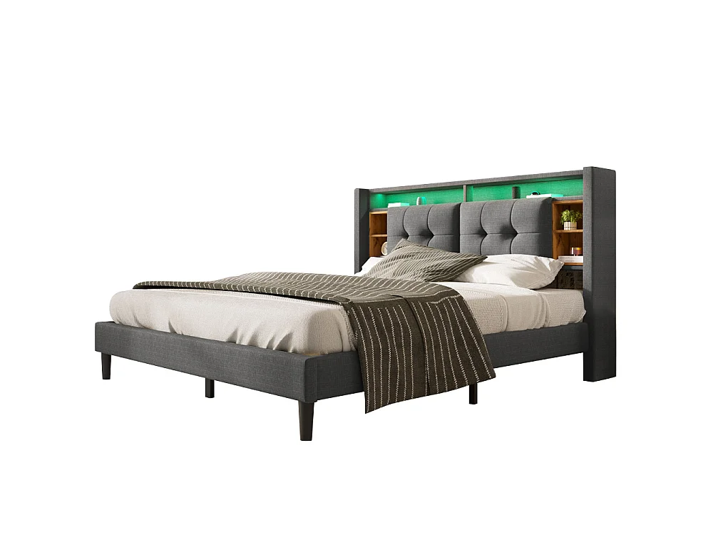 Cama Doble Tapizada 140x200 cm con Cabecero LED, Puertos USB, Almacenamiento Integrado y Somier de Madera Gris