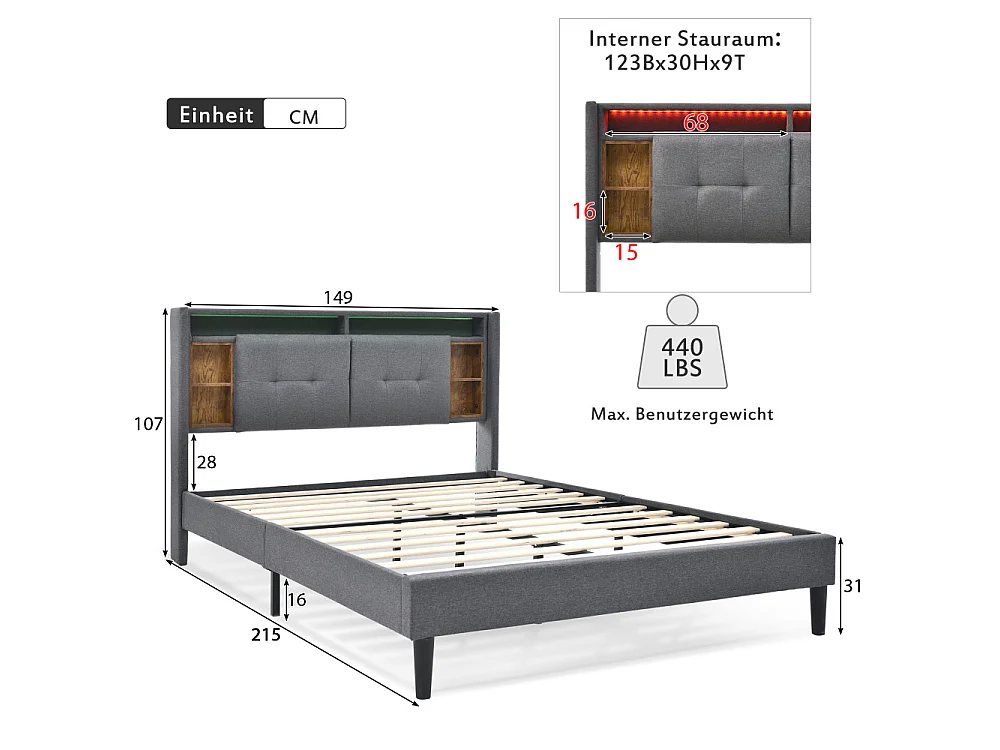 Cama Doble Tapizada 140x200 cm con Cabecero LED, Puertos USB, Almacenamiento Integrado y Somier de Madera Gris