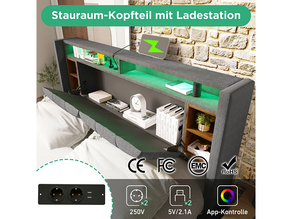 Cama Doble Tapizada 140x200 cm con Cabecero LED, Puertos USB, Almacenamiento Integrado y Somier de Madera Gris