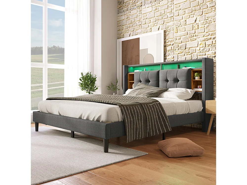Cama Doble Tapizada 140x200 cm con Cabecero LED, Puertos USB, Almacenamiento Integrado y Somier de Madera Gris