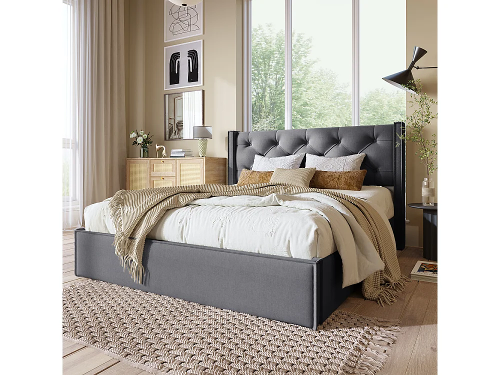 Letto matrimoniale imbottito idraulico 160×200 con contenitore,struttura metallica, cotone,letto funzionale moderno con doghe in legno,comfort design