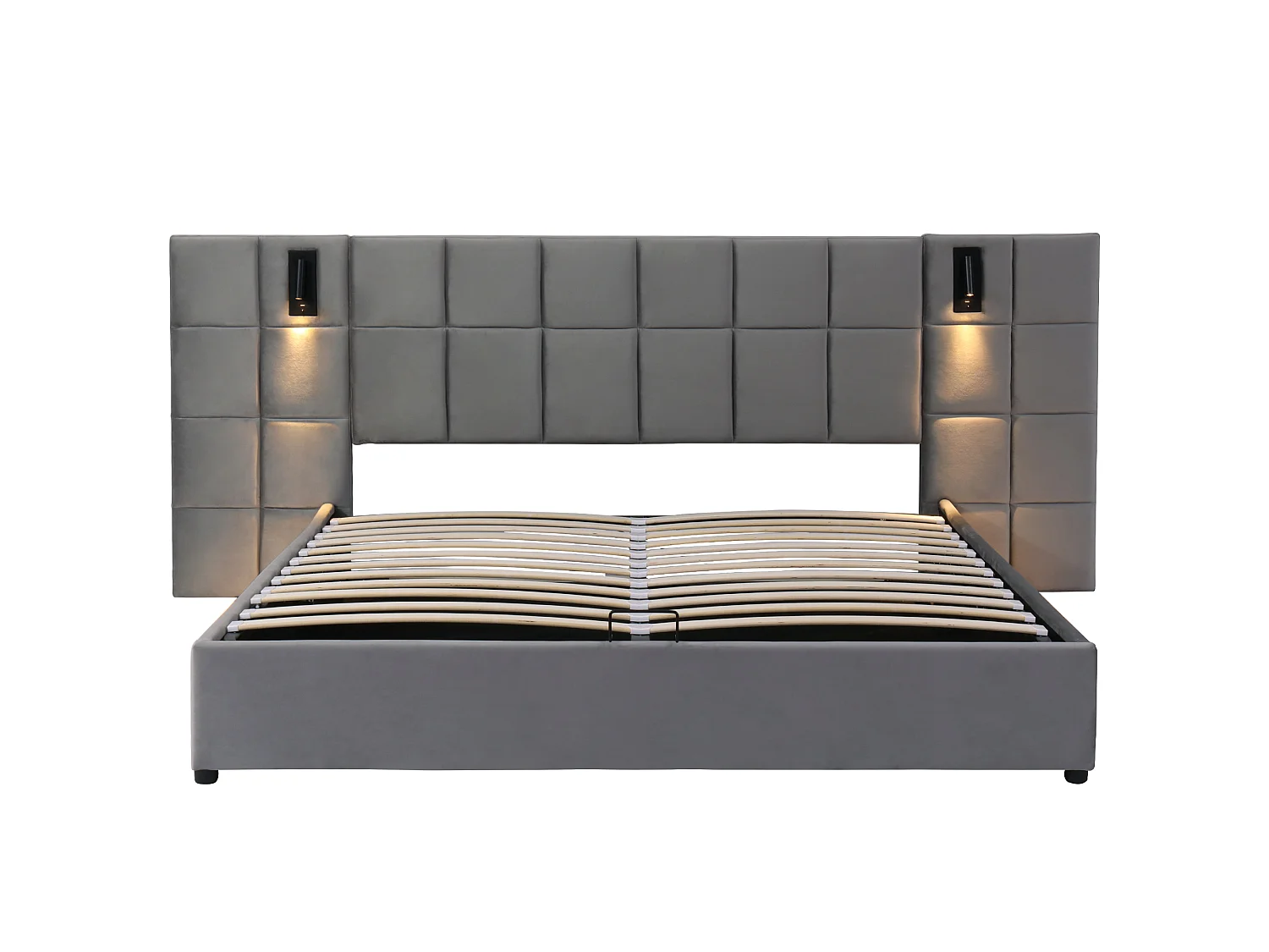 Lit rembourré 180×200 velours gris, rangement hydraulique, cadre acier, USB, LED, tête de lit motif damier
