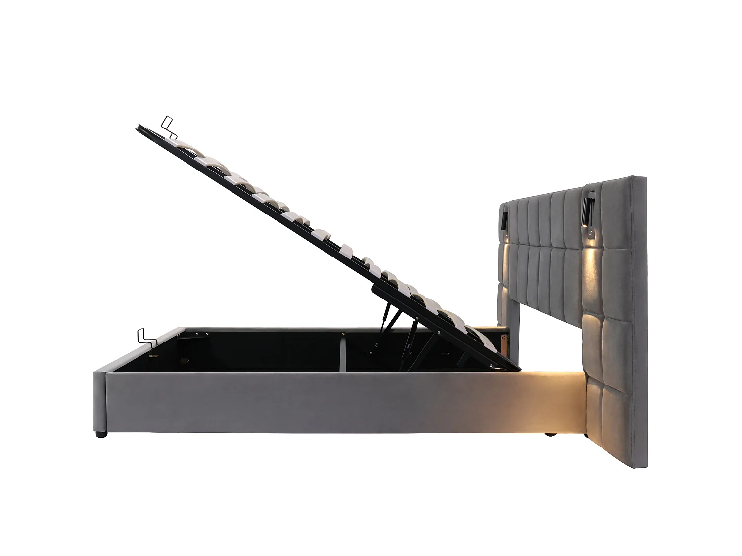 Lit rembourré 180×200 velours gris, rangement hydraulique, cadre acier, USB, LED, tête de lit motif damier