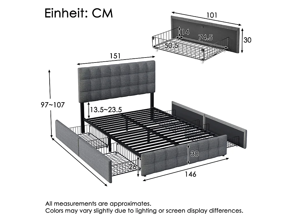 Lit coffre 140x200 avec 4 tiroirs, tête réglable, cadre métal, lin gris avec matelas inclus