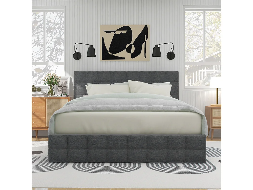 Lit coffre 140x200 avec 4 tiroirs, tête réglable, cadre métal, lin gris avec matelas inclus
