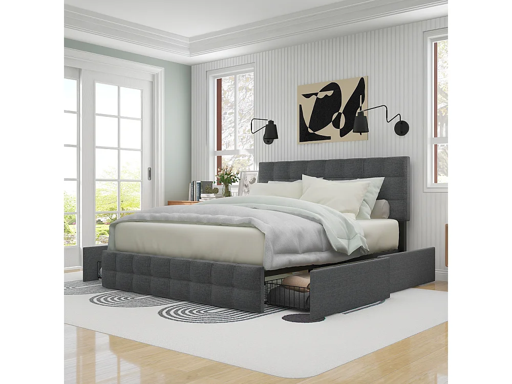 Lit coffre 140x200 avec 4 tiroirs, tête réglable, cadre métal, lin gris avec matelas inclus