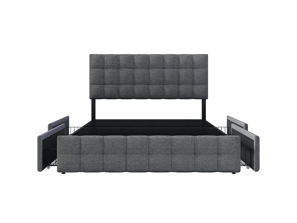 Lit coffre 140x200 avec 4 tiroirs, tête réglable, cadre métal, lin gris avec matelas inclus