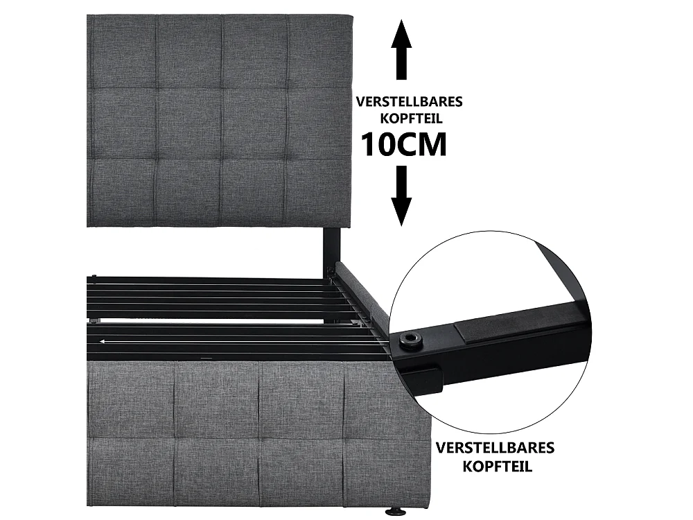 Lit coffre 140x200 avec 4 tiroirs, tête réglable, cadre métal, lin gris avec matelas inclus