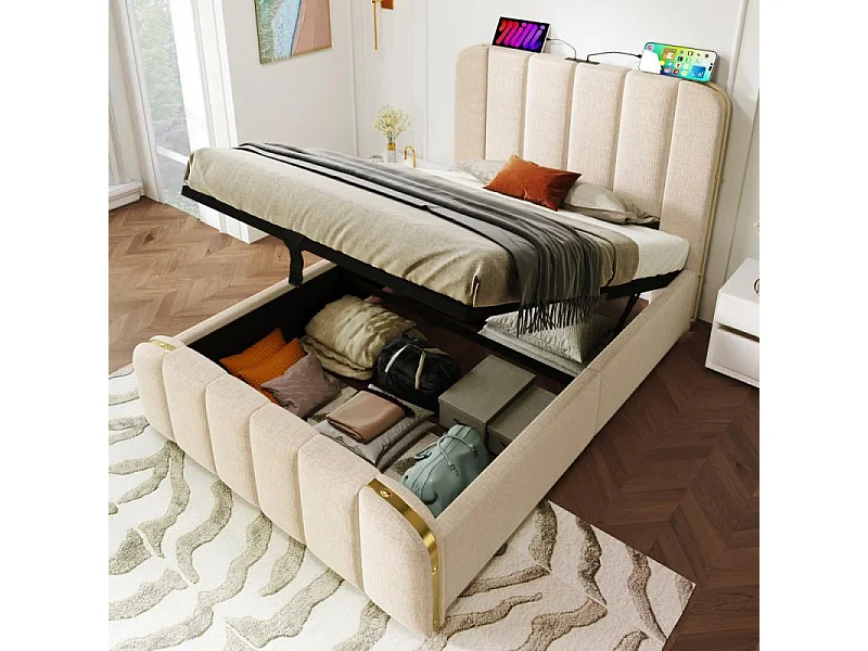 Letto contenitore 90x200 cm imbottito beige lino USB-C testiera dorata materasso 406 molle idraulico 100kg