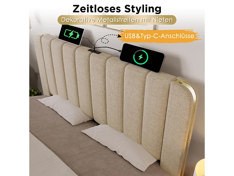 Letto contenitore 90x200 cm imbottito beige lino USB-C testiera dorata materasso 406 molle idraulico 100kg