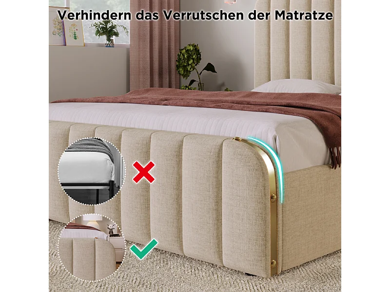 Letto contenitore 90x200 cm imbottito beige lino USB-C testiera dorata materasso 406 molle idraulico 100kg