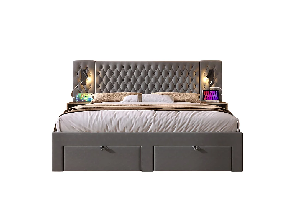 Complete slaapkamerset met fluweel gewatteerd tweepersoonsbed, nachtkastjes 2, lades 4, LED, USB-C, opbergruimte, structuur van hout en metaal, stabiel