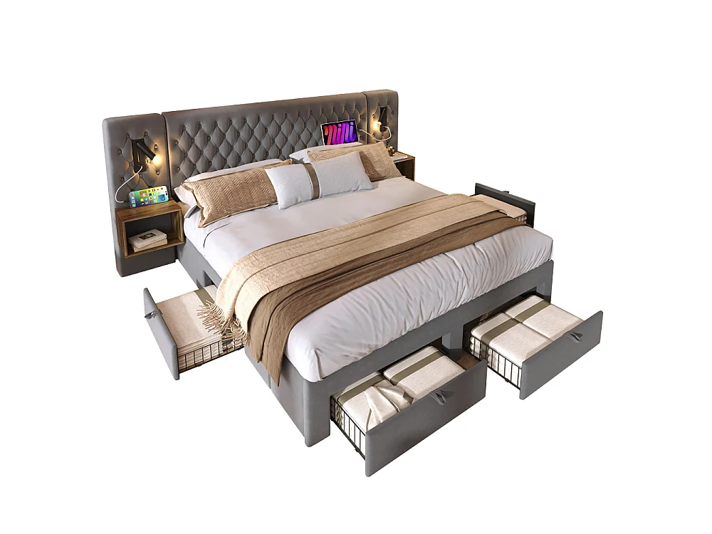 Complete slaapkamerset met fluweel gewatteerd tweepersoonsbed, nachtkastjes 2, lades 4, LED, USB-C, opbergruimte, structuur van hout en metaal, stabiel