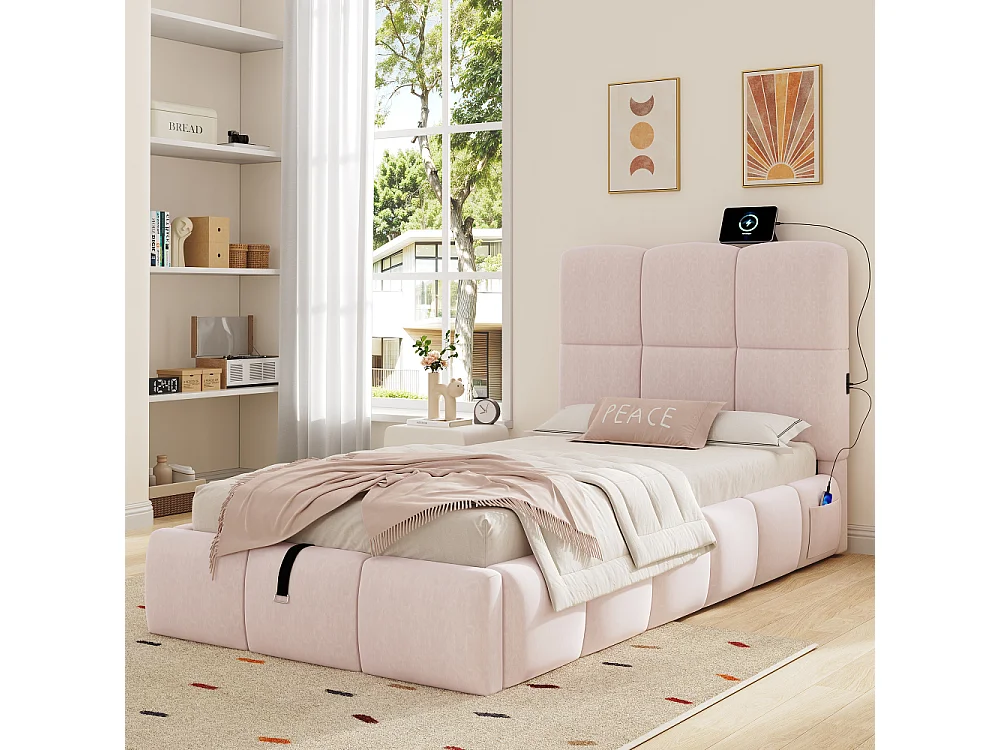 Polsterbett Kinderbett 90x200cm Hydraulik Stauraum Samt Rosa USB Kopfteil Lattenrost Design