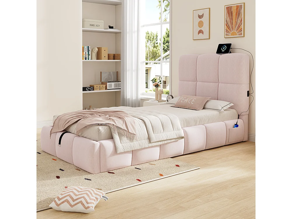 Polsterbett Kinderbett 90x200cm Hydraulik Stauraum Samt Rosa USB Kopfteil Lattenrost Design