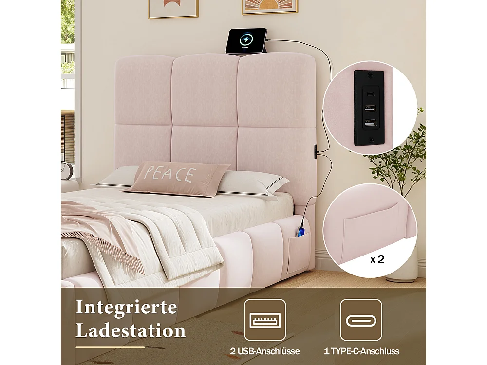 Polsterbett Kinderbett 90x200cm Hydraulik Stauraum Samt Rosa USB Kopfteil Lattenrost Design