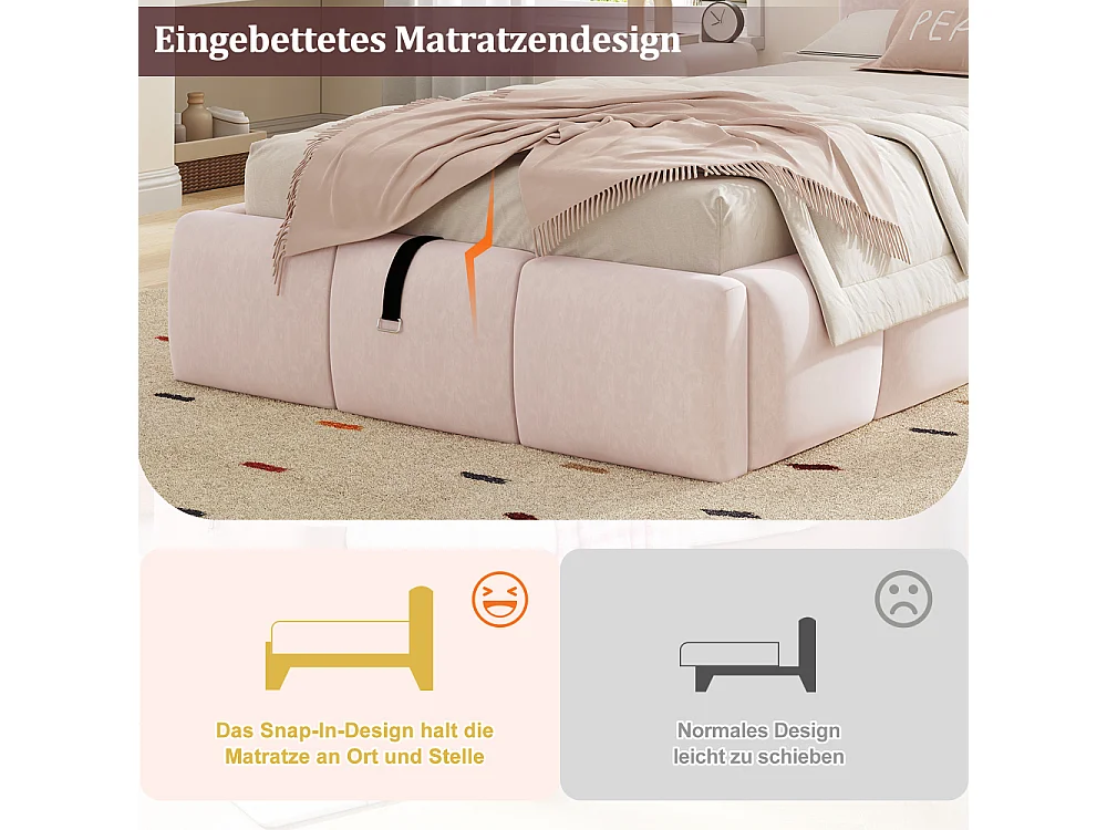 Polsterbett Kinderbett 90x200cm Hydraulik Stauraum Samt Rosa USB Kopfteil Lattenrost Design