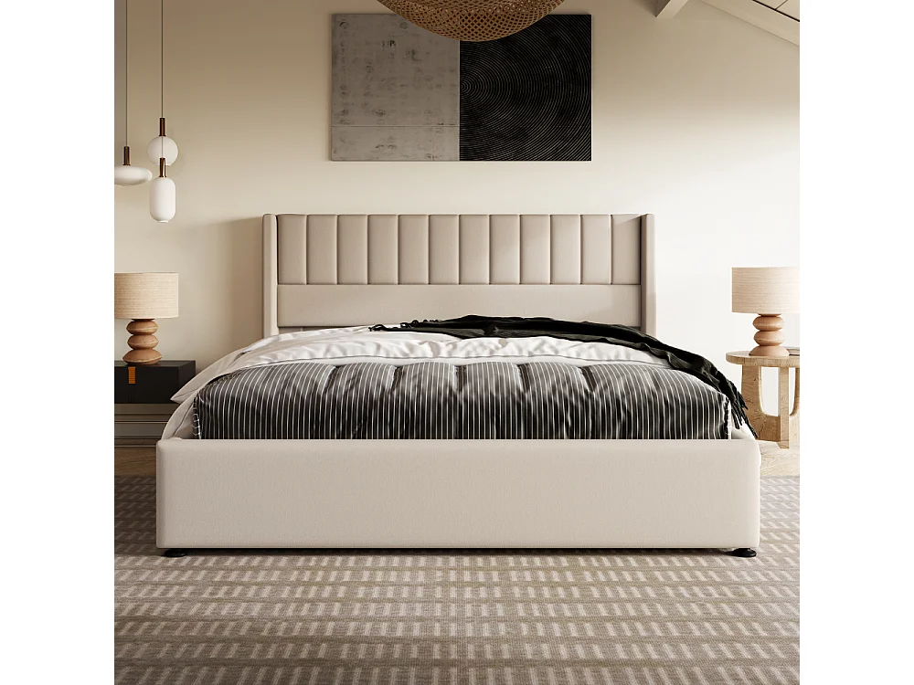 Cama de almacenaje tapizada hidráulica doble con somier de láminas de madera, armazón metálico, lino, moderna
