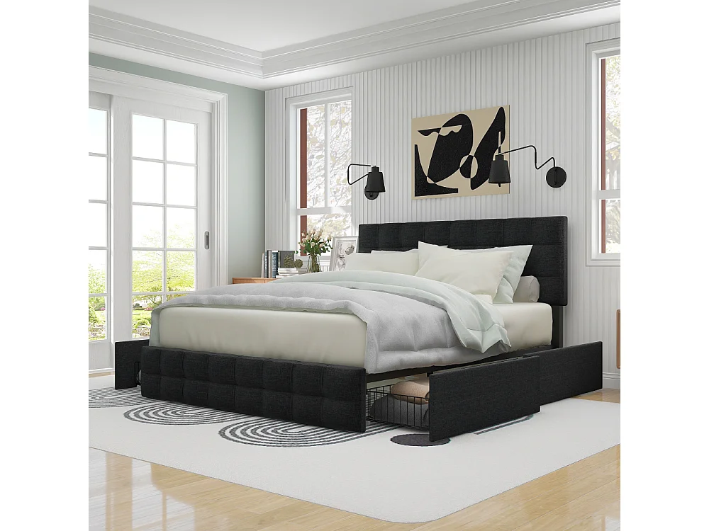Letto imbottito 140x200 con cassone, 4 cassetti, testiera regolabile, telaio metallico, lino elegante, design moderno