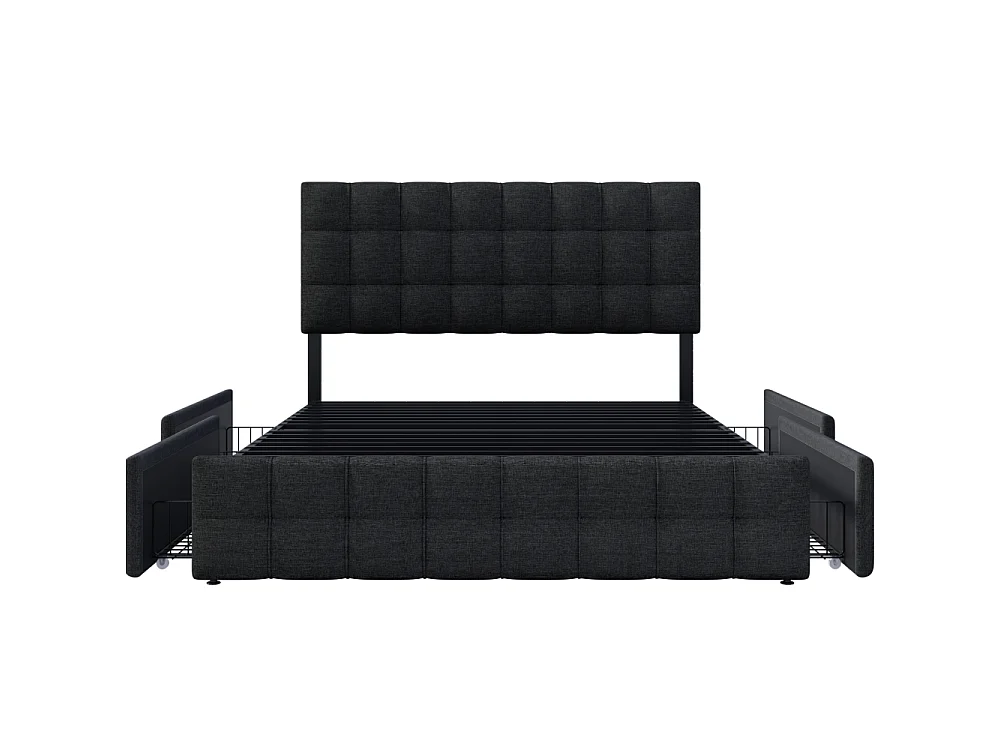 Letto imbottito 140x200 con cassone, 4 cassetti, testiera regolabile, telaio metallico, lino elegante, design moderno