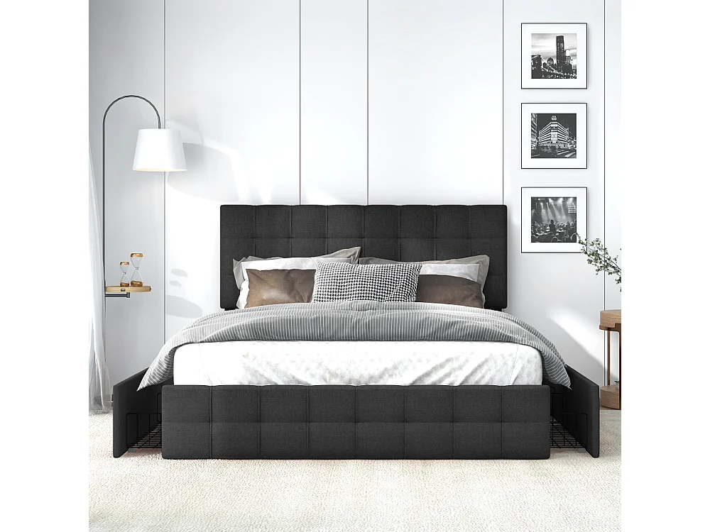 Letto imbottito 140x200 con cassone, 4 cassetti, testiera regolabile, telaio metallico, lino elegante, design moderno