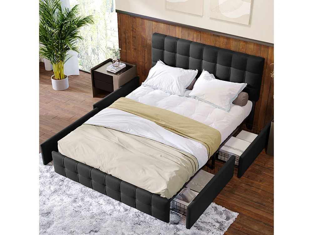 Letto imbottito 140x200 con cassone, 4 cassetti, testiera regolabile, telaio metallico, lino elegante, design moderno