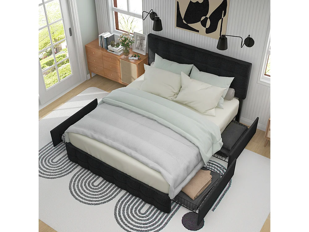 Letto imbottito 140x200 con cassone, 4 cassetti, testiera regolabile, telaio metallico, lino elegante, design moderno