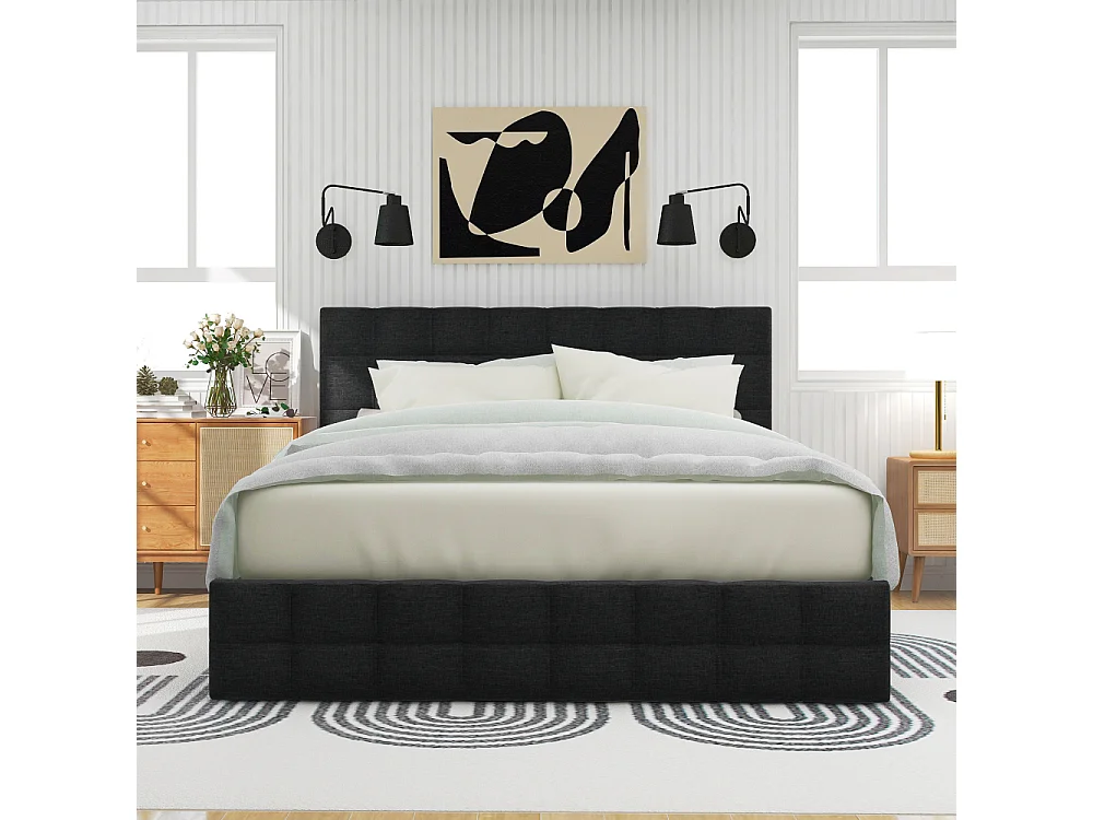 Letto imbottito 140x200 con cassone, 4 cassetti, testiera regolabile, telaio metallico, lino elegante, design moderno