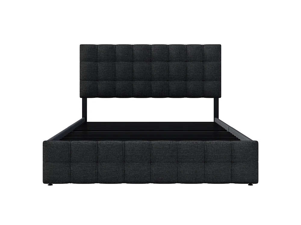 Letto imbottito 140x200 con cassone, 4 cassetti, testiera regolabile, telaio metallico, lino elegante, design moderno