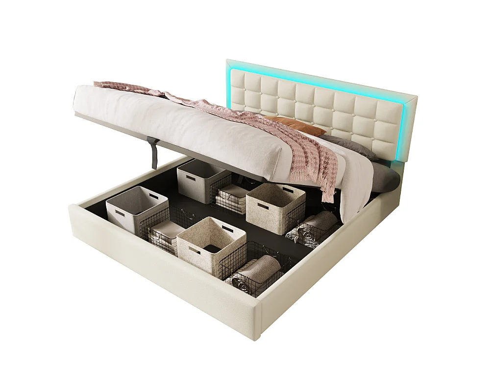 Letto imbottito con LED e contenitore,letto matrimoniale,bianca,PU,con doghe, letto idraulico funzionale,struttura moderna,contenitore comfort