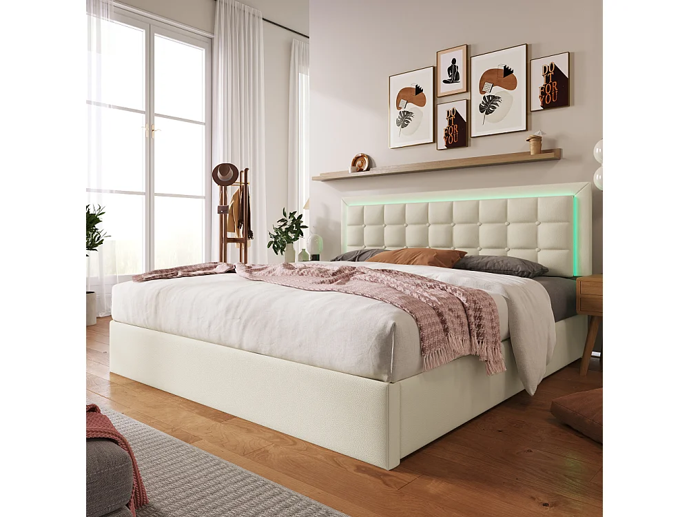 Letto imbottito con LED e contenitore,letto matrimoniale,bianca,PU,con doghe, letto idraulico funzionale,struttura moderna,contenitore comfort