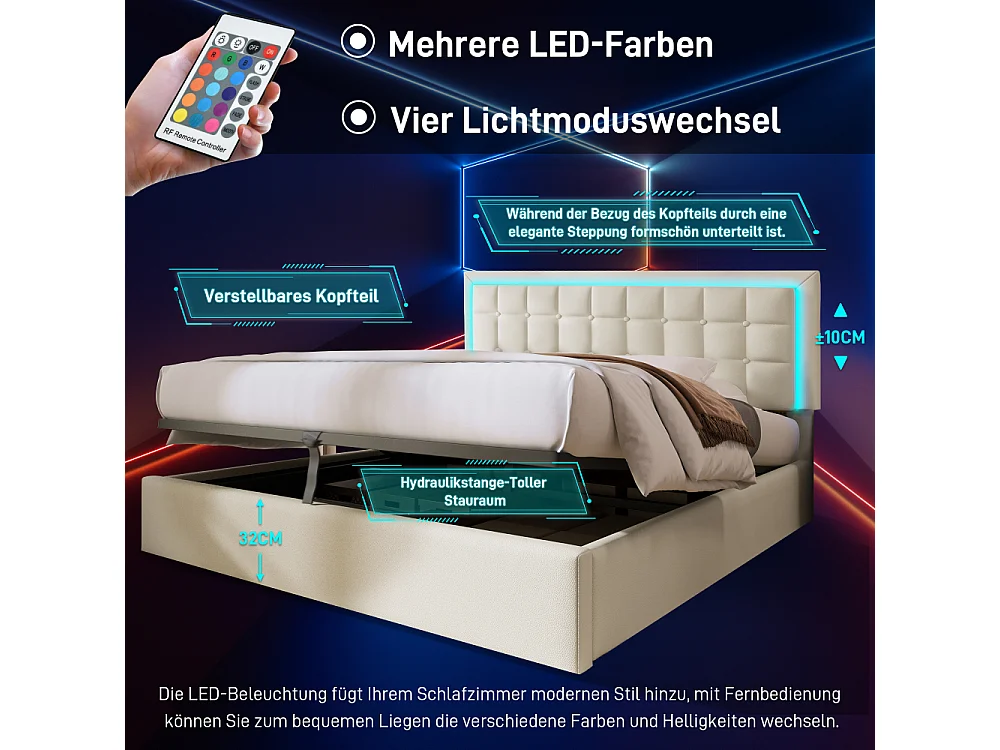 Letto imbottito con LED e contenitore,letto matrimoniale,bianca,PU,con doghe, letto idraulico funzionale,struttura moderna,contenitore comfort