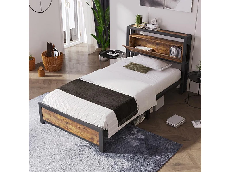 Cama metálica doble 140×200,cabecero con almacenaje,estructura metálica,somier de láminas,estante de madera,diseño industrial,cama para adolescentes
