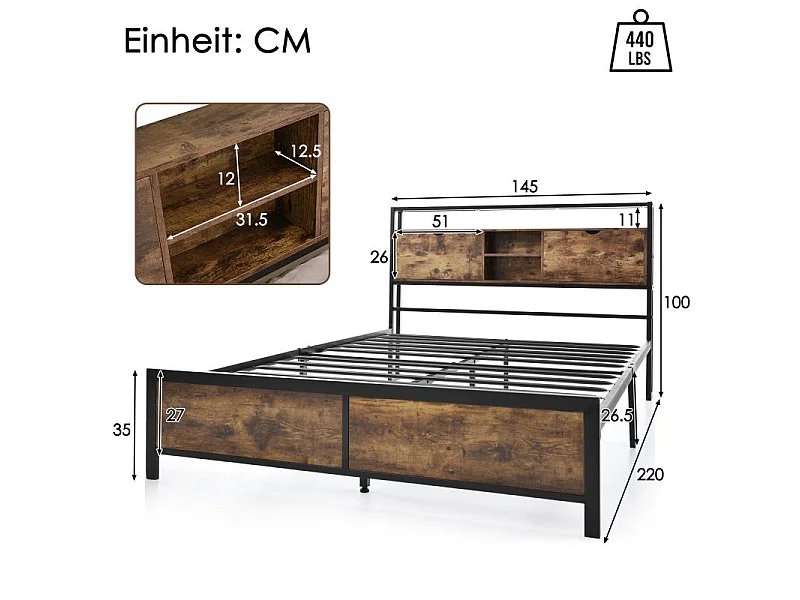 Cama metálica doble 140×200,cabecero con almacenaje,estructura metálica,somier de láminas,estante de madera,diseño industrial,cama para adolescentes