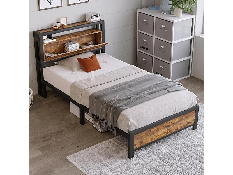 Cama metálica doble 140×200,cabecero con almacenaje,estructura metálica,somier de láminas,estante de madera,diseño industrial,cama para adolescentes