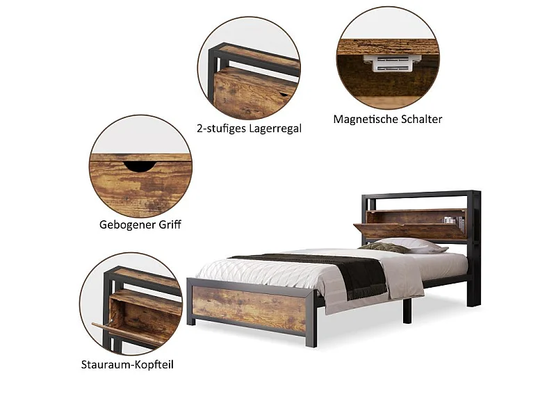 Cama metálica doble 140×200,cabecero con almacenaje,estructura metálica,somier de láminas,estante de madera,diseño industrial,cama para adolescentes