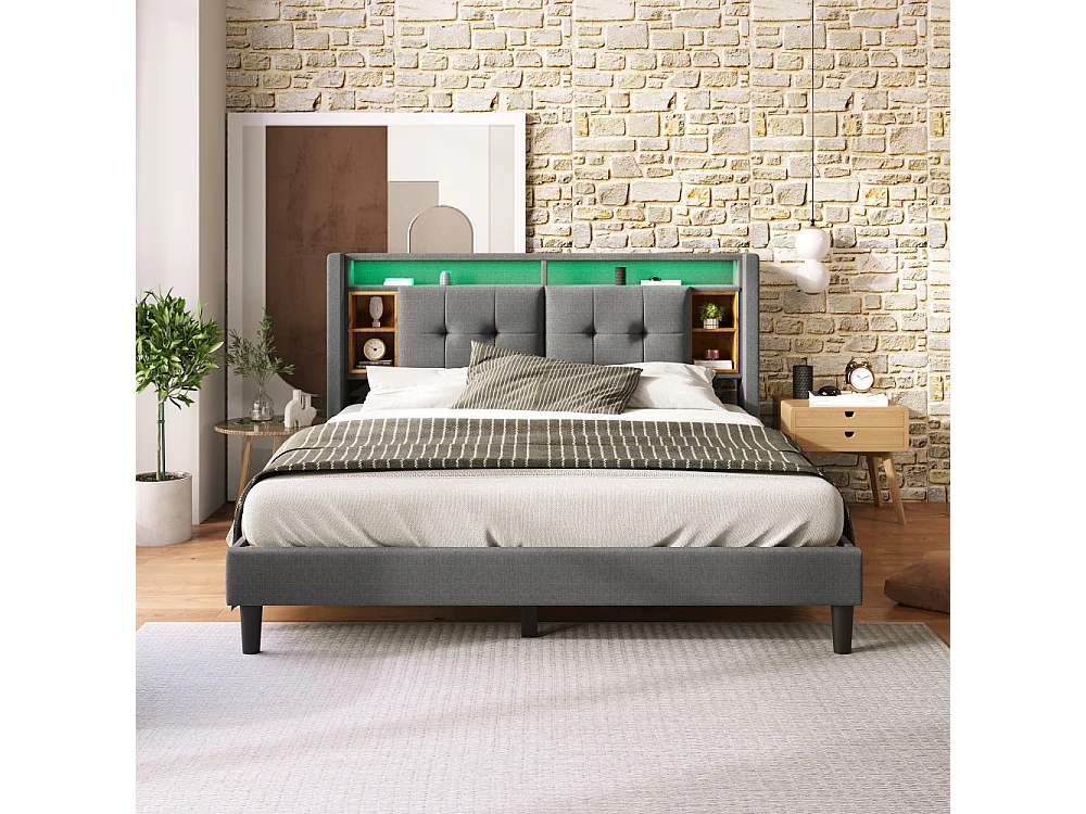 Letto Matrimoniale Imbottito 160x200 cm con LED, Porta USB, Contenitore in Testata e Rete in Legno, Grigio