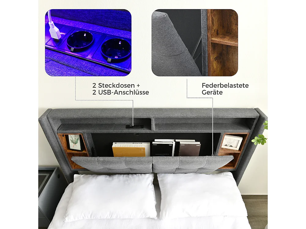 Letto Matrimoniale Imbottito 160x200 cm con LED, Porta USB, Contenitore in Testata e Rete in Legno, Grigio