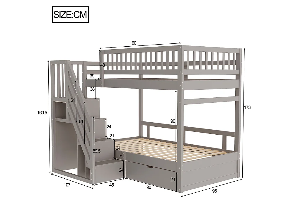 Massief houten stapelbed 90×200 – ruimtebesparend kinder- en tienerbed met geïntegreerde opbergruimte en versterkte veiligheid