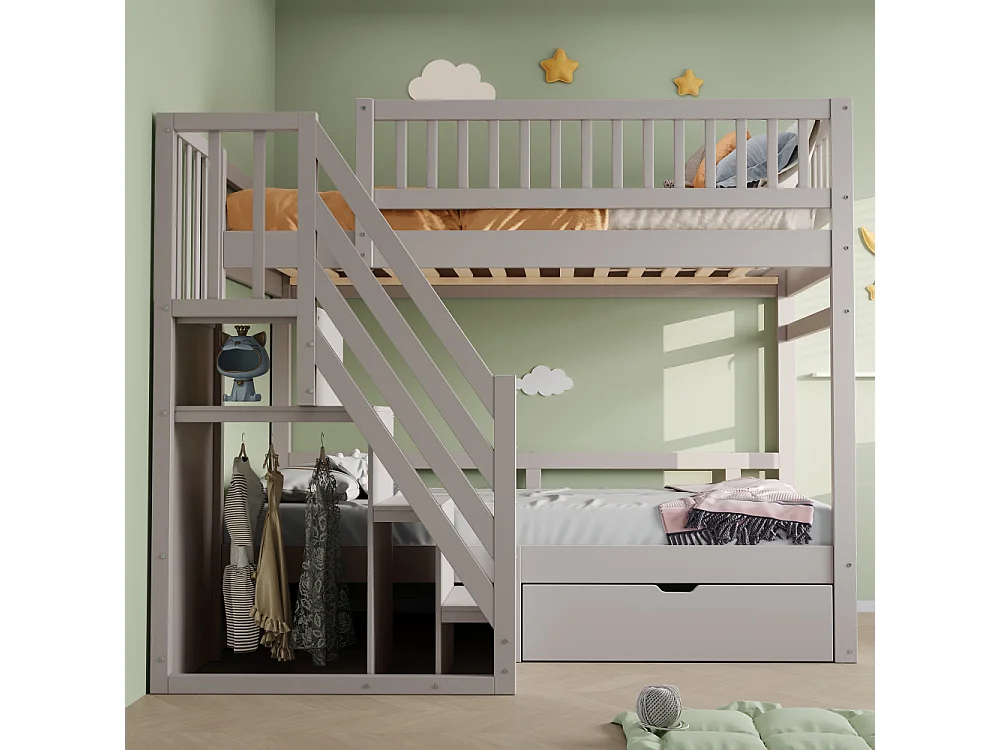 Massief houten stapelbed 90×200 – ruimtebesparend kinder- en tienerbed met geïntegreerde opbergruimte en versterkte veiligheid