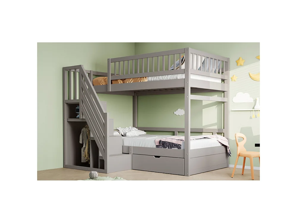 Massief houten stapelbed 90×200 – ruimtebesparend kinder- en tienerbed met geïntegreerde opbergruimte en versterkte veiligheid
