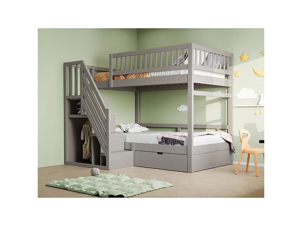 Massief houten stapelbed 90×200 – ruimtebesparend kinder- en tienerbed met geïntegreerde opbergruimte en versterkte veiligheid