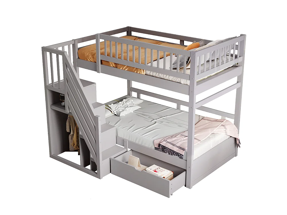 Massief houten stapelbed 90×200 – ruimtebesparend kinder- en tienerbed met geïntegreerde opbergruimte en versterkte veiligheid