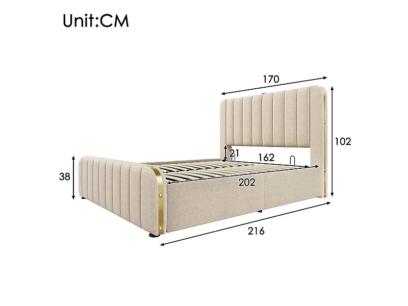 Letto contenitore 160x200 cm imbottito lino beige USB-C testiera dorata idraulico metallo 200kg design elegante