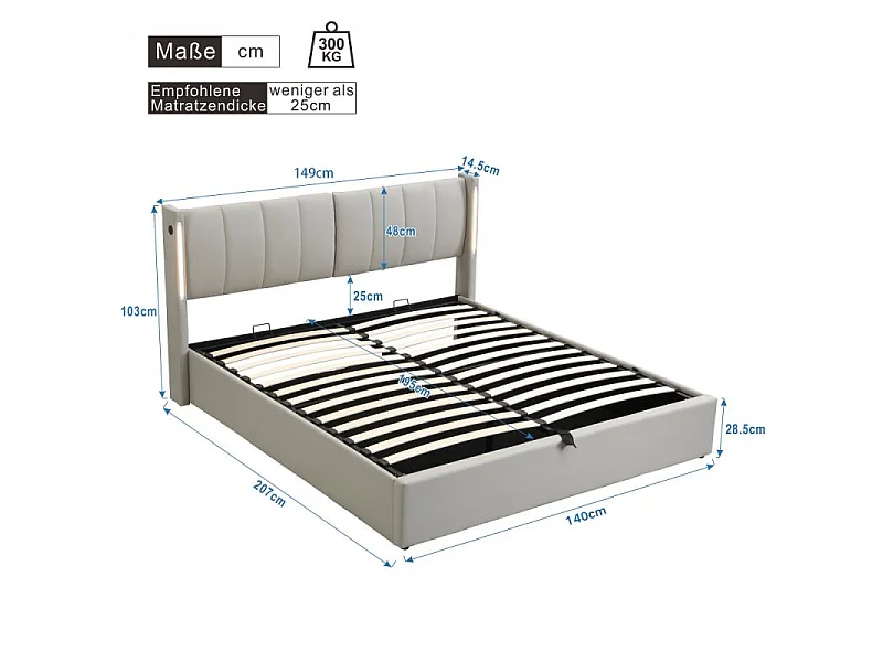 Cama LED Binaural Tapizada 140x200 cm Hidráulica PU Gris USB-C Diseño Moderno