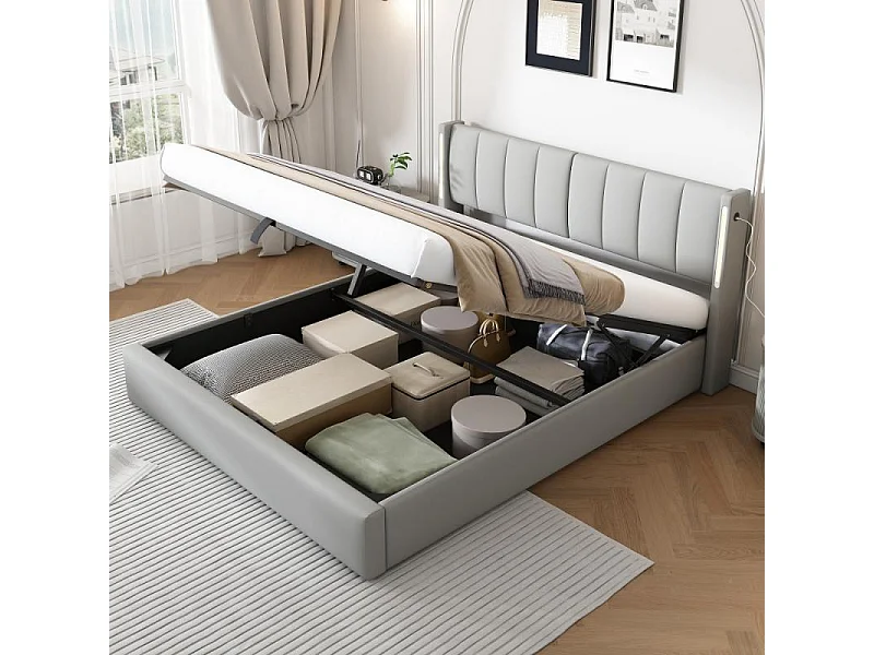 Cama LED Binaural Tapizada 140x200 cm Hidráulica PU Gris USB-C Diseño Moderno
