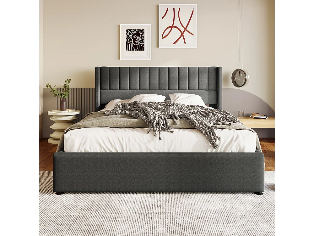 Letto contenitore imbottito idraulico matrimoniale con rete a doghe in legno, telaio metallico, lino, moderno