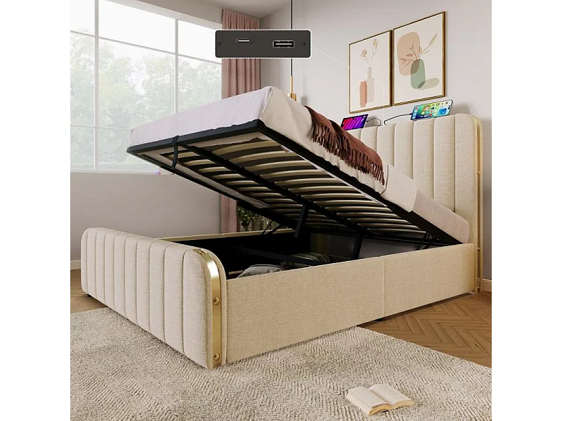 Cama baúl tapizada 140x200 cm beige lino USB-C cabecero dorado colchón 620 muelles 181kg elegante